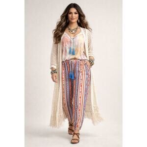 Sundance Jessinia Aztec Stripe Cotton Boho Festival Jogger Pants Tassel Tie XL